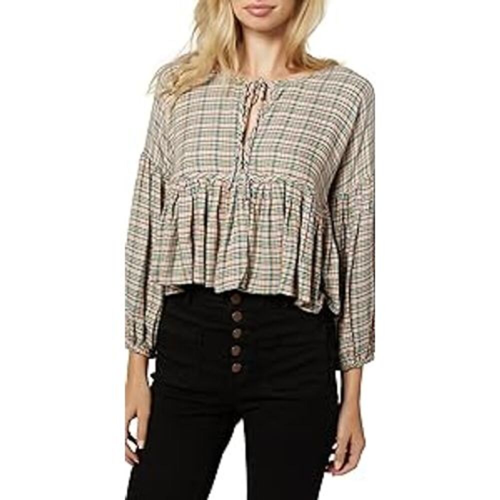 O'Neill Plaid Cropped Peasant Blouse with Tie Front and Balloon Sleeves‎ size M
